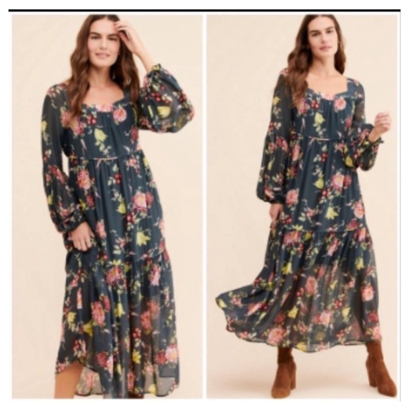 Anthropologie Dresses & Skirts - Anthropologie Evelin‎ Floral Maxi Dress Square Neck Tiered Puff Dark Teal XSP